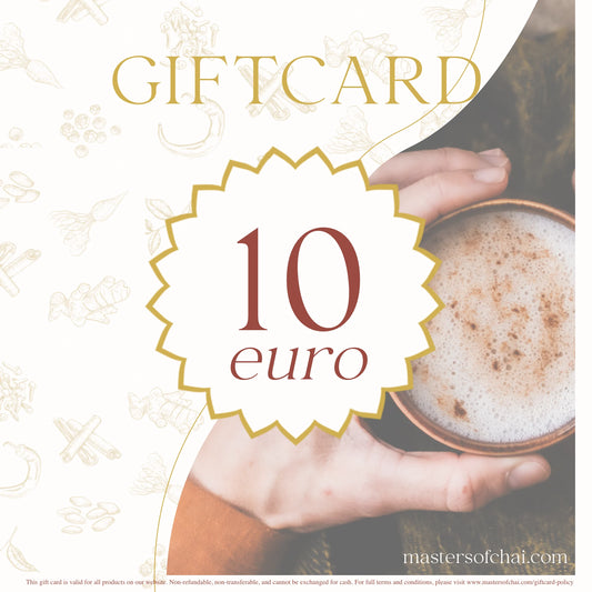 Digitale giftcard van 10 euro van Masters of Chai. Direct te gebruiken of te versturen met persoonlijke boodschap.