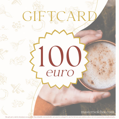 Digitale giftcard van 100 euro van Masters of Chai. Direct te gebruiken of te versturen met persoonlijke boodschap.